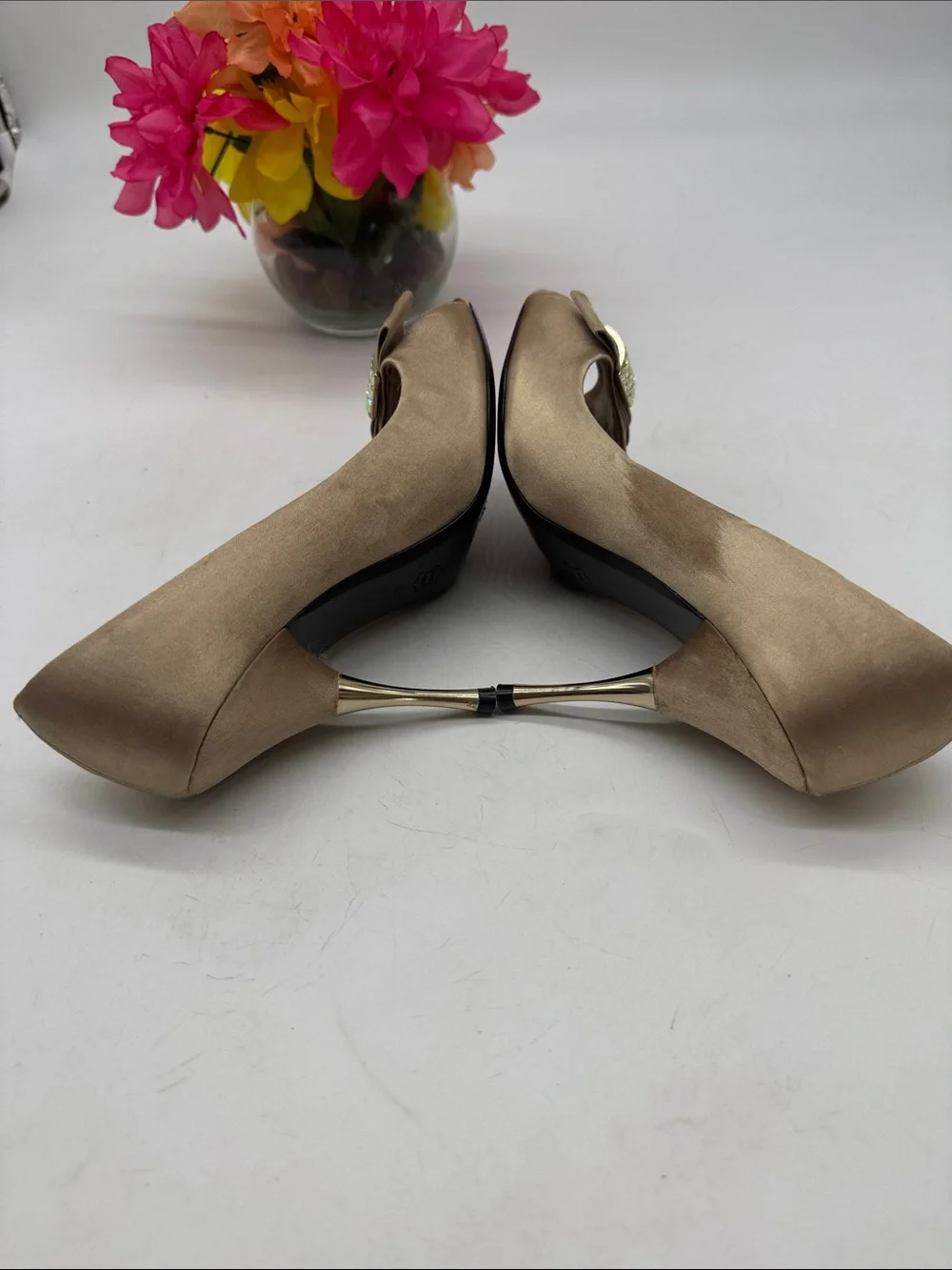 Paolo Taupe Satin Peep-Toe Heels with Bow and Rhinestone Accent 7.5 MCH10103G